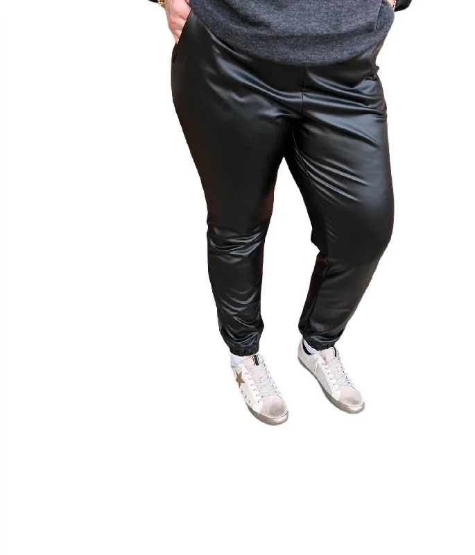 Solid Faux Leather Joggers In Black Women's Fashionable Attire For Work