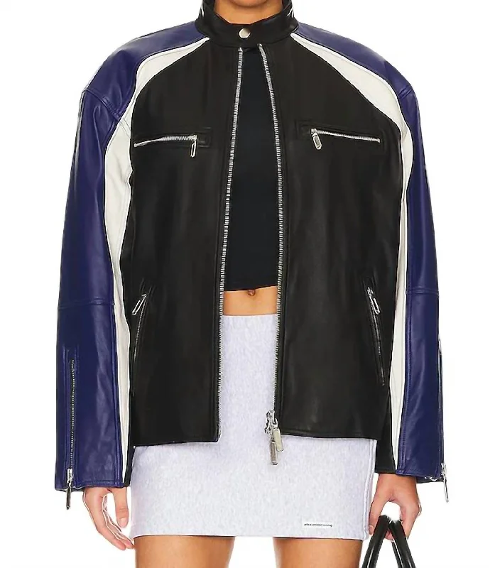 Oversized Racing Leather Moto Jacket In Black,blue Charming Everyday Clothing For Women