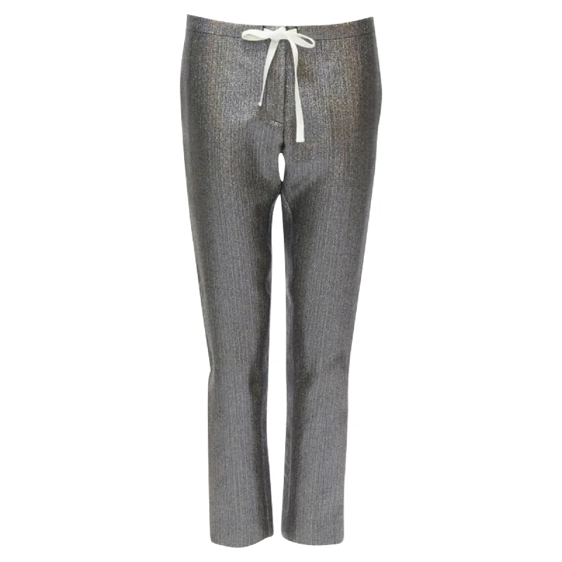 Rosie Assoulin silver iridescent glitter metallic silk tape cropped pants Extreme Clearance Deals