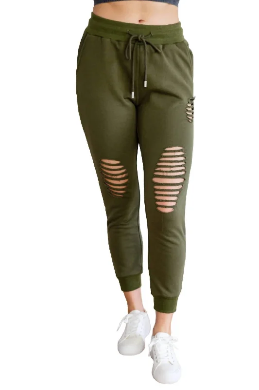 Kick Back Distressed Joggers In Olive Women's Holiday Clothing