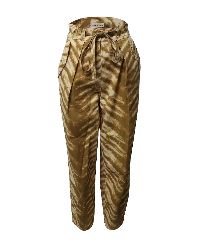 Ulla Johnson Lars Belted High-Rise Pants in Animal Print Cotton High-End Women's Apparel