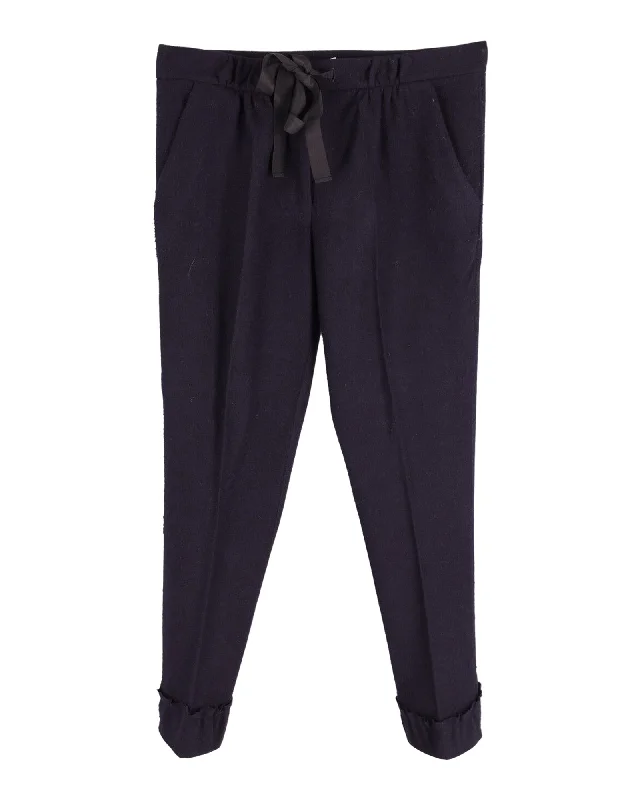 Nina Ricci Slim Fit Garterized Pants in Navy Blue Wool Trendy Women's Outfits for Casual Wear