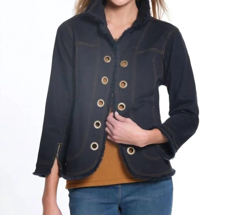 3/4 Sleeve Open Front 2 - Pocket Solid Denim Jean Jacket In Black Denim Women's Fashion-Forward Apparel