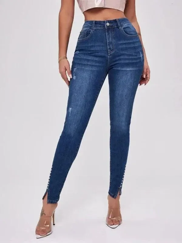 Women Beaded Slit Jeans Women's Everyday Apparel