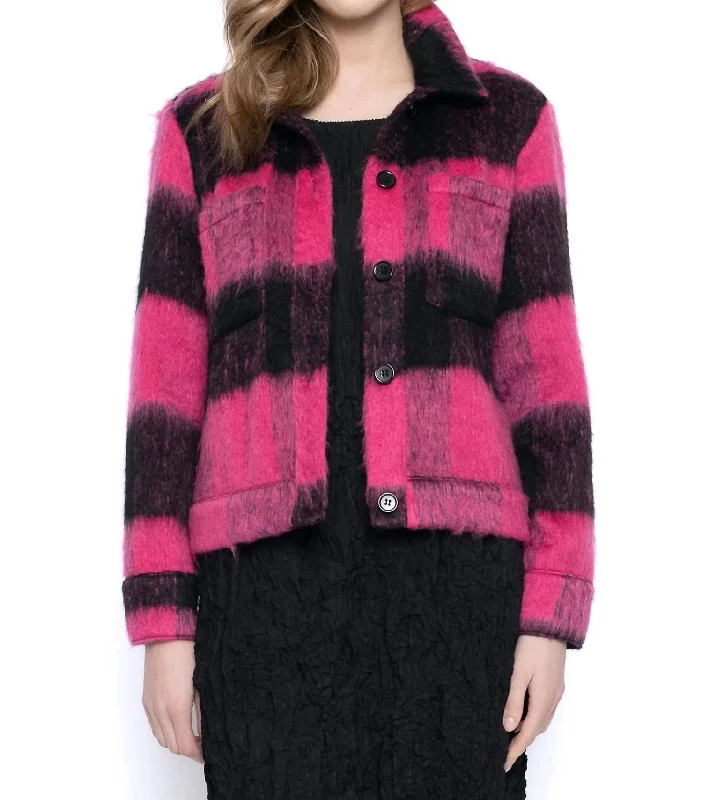 Button Front Cropped Jacket In Pink/black Women's Clothing For Casual Outings