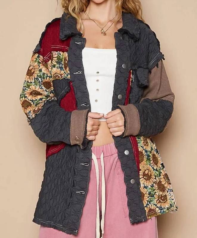 Oversized Balloon Sleeve Quilted Jacket In Charcoal/red Multi Clothes For Sale