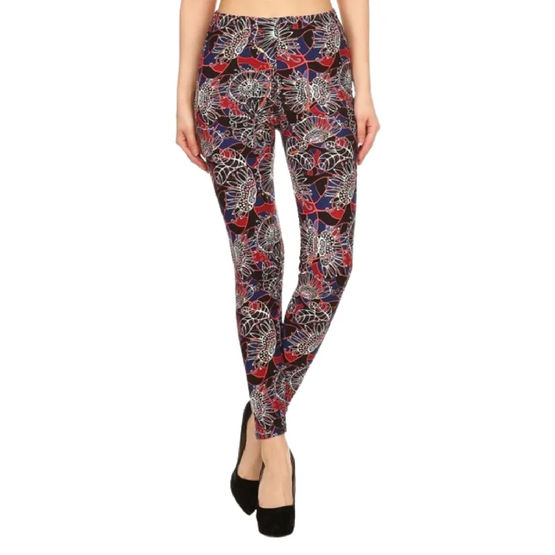 Floral Print High Waist Basic Solid Leggings With 1 Elastic Waistband Women's Professional Garments